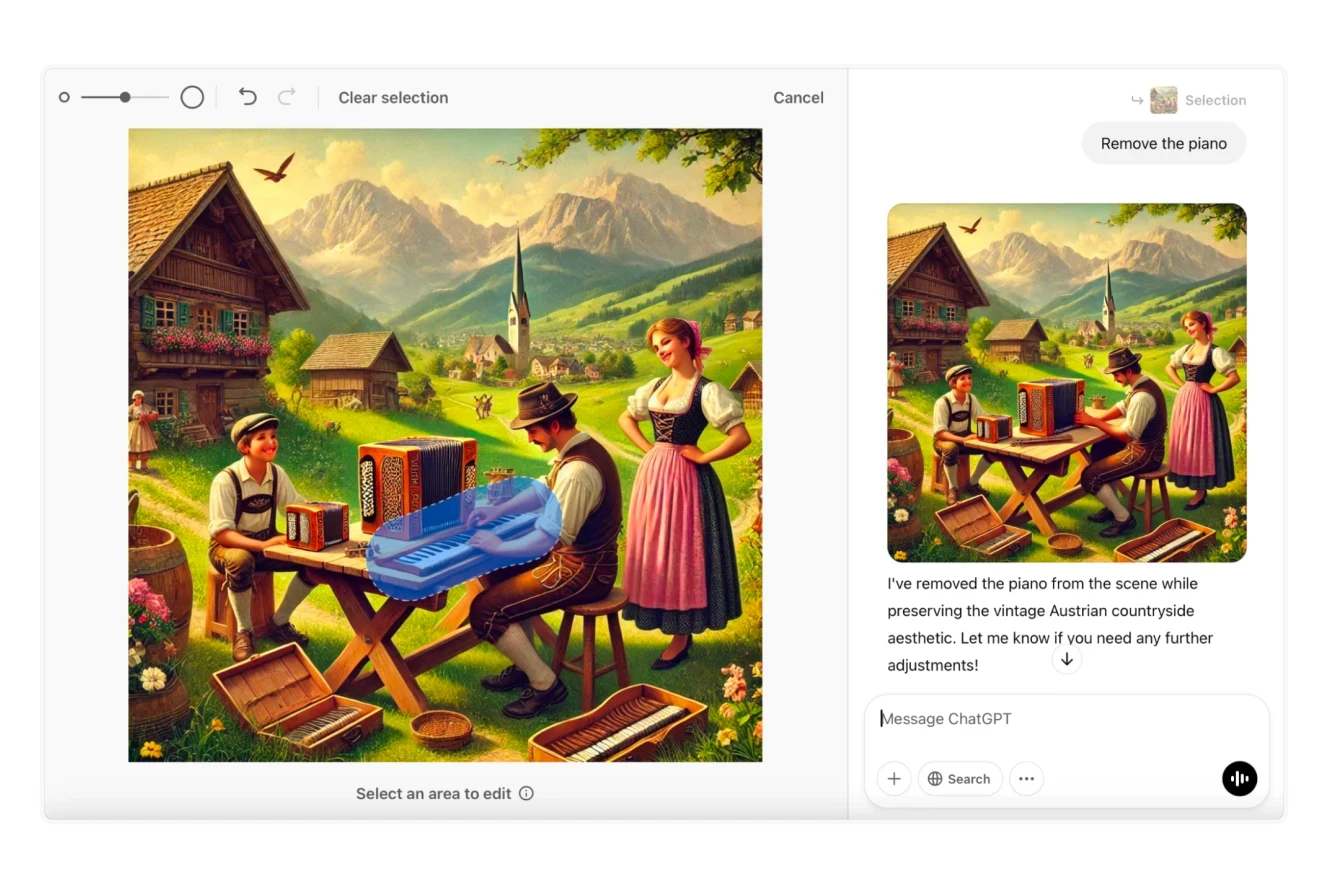 A visual editor inside ChatGPT with AI-assisted object removal, showing the removal of a piano from a countryside painting