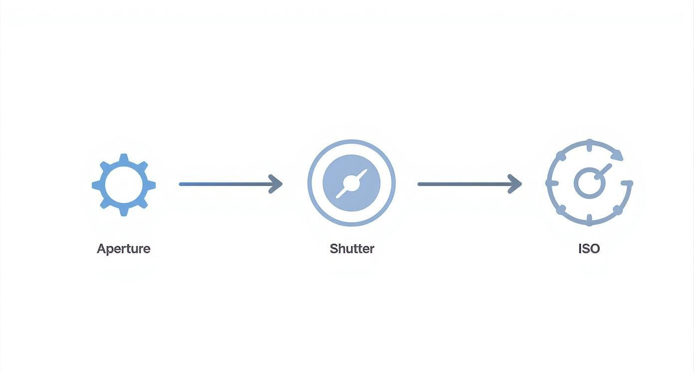 A diagram illustrating the three main elements of photography exposure: Aperture, Shutter, and ISO, connected by arrows.