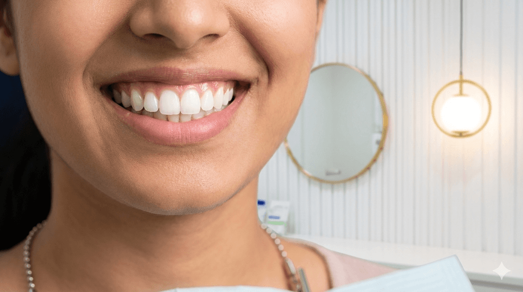 A close-up of a bright, healthy smile of an Indian individual, showcasing clean teeth and healthy pink gums.