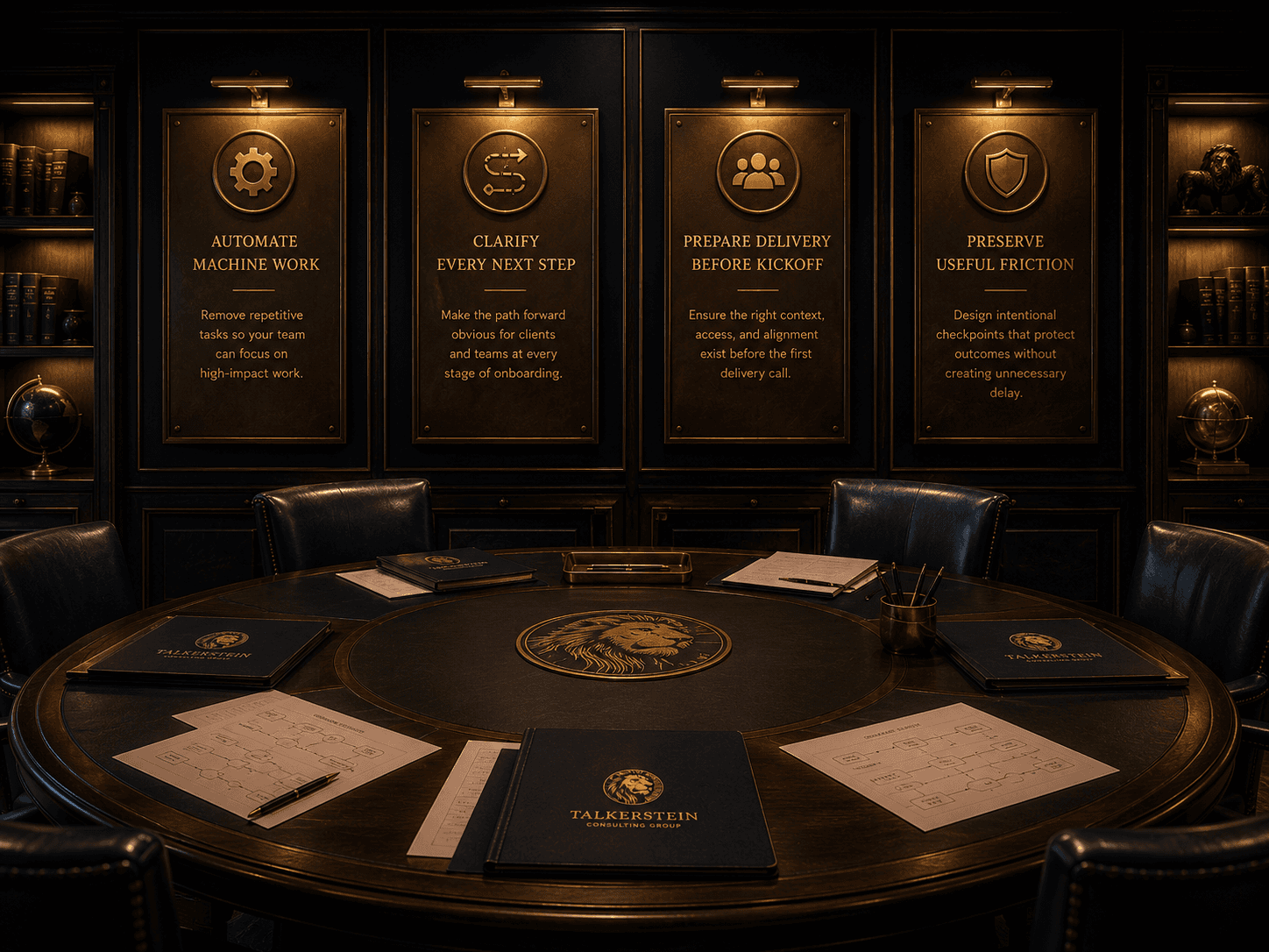 Executive onboarding strategy room with workflow documents and operational principles guiding a structured and consistent client onboarding experience.