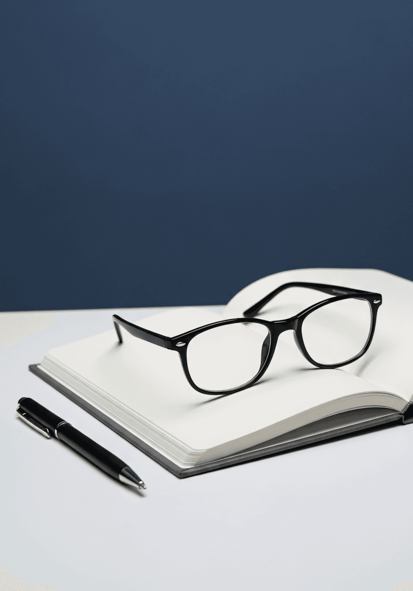 Black-rimmed glasses on an open notebook with a pen, set against a clean blue background, evoking a minimalist workspace vibe.