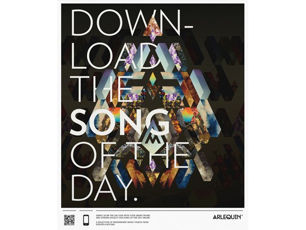 A dark background features large, white, geometric text reading "DOWNLOAD THE SONG OF THE DAY." A multicolored, rainbow-like design overlays the text. Below, a white bar contains a QR code, a smartphone icon, and the Arlequin logo.