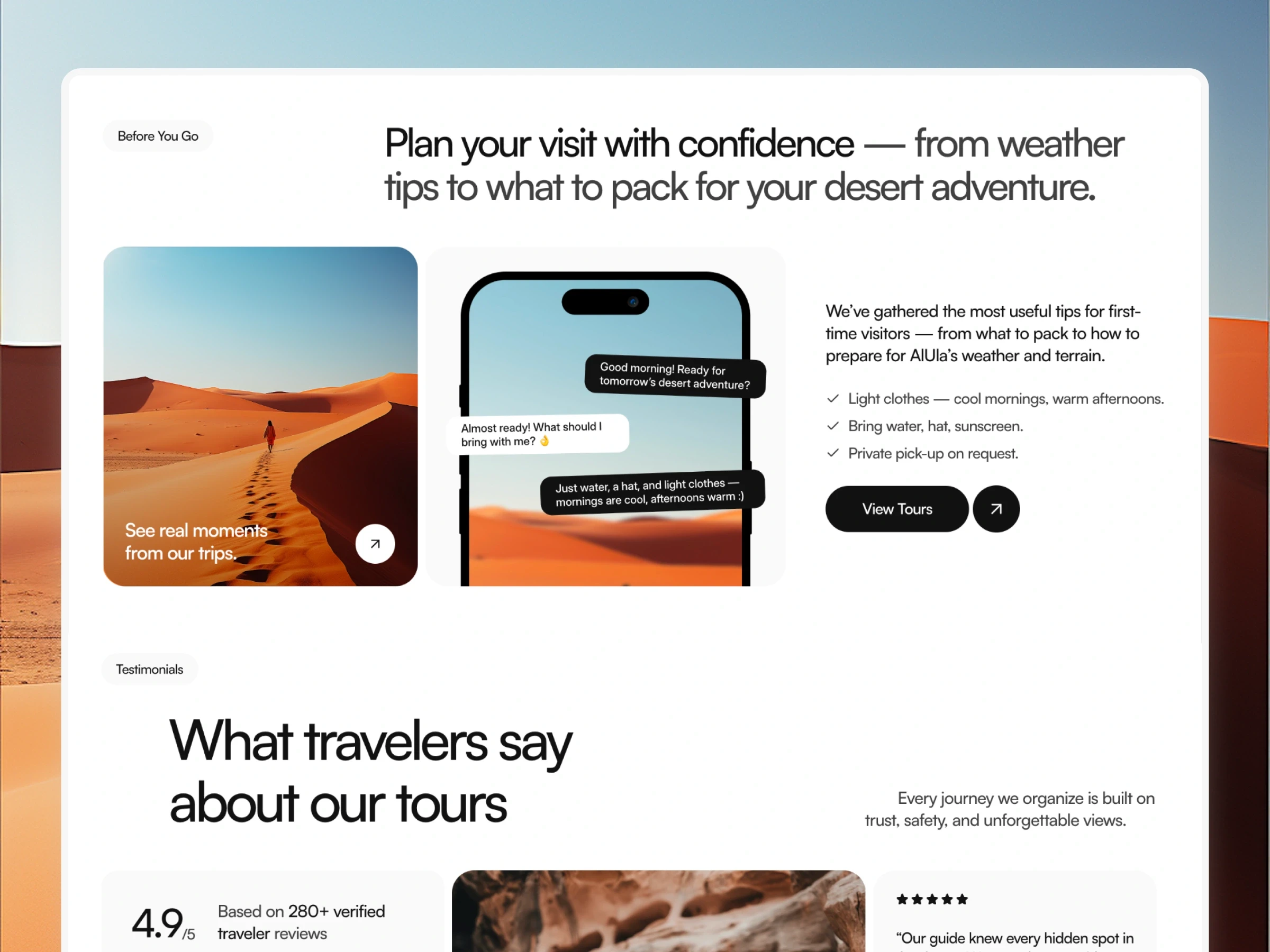 Reviews and travel tips page of Marwa template in Framer