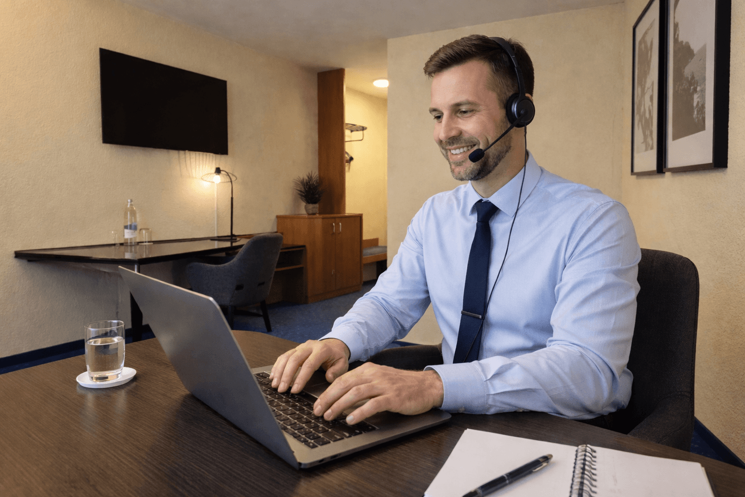 Fernrezeptionist sitzt im Büro und beantwortet Anrufe rund um die Uhr