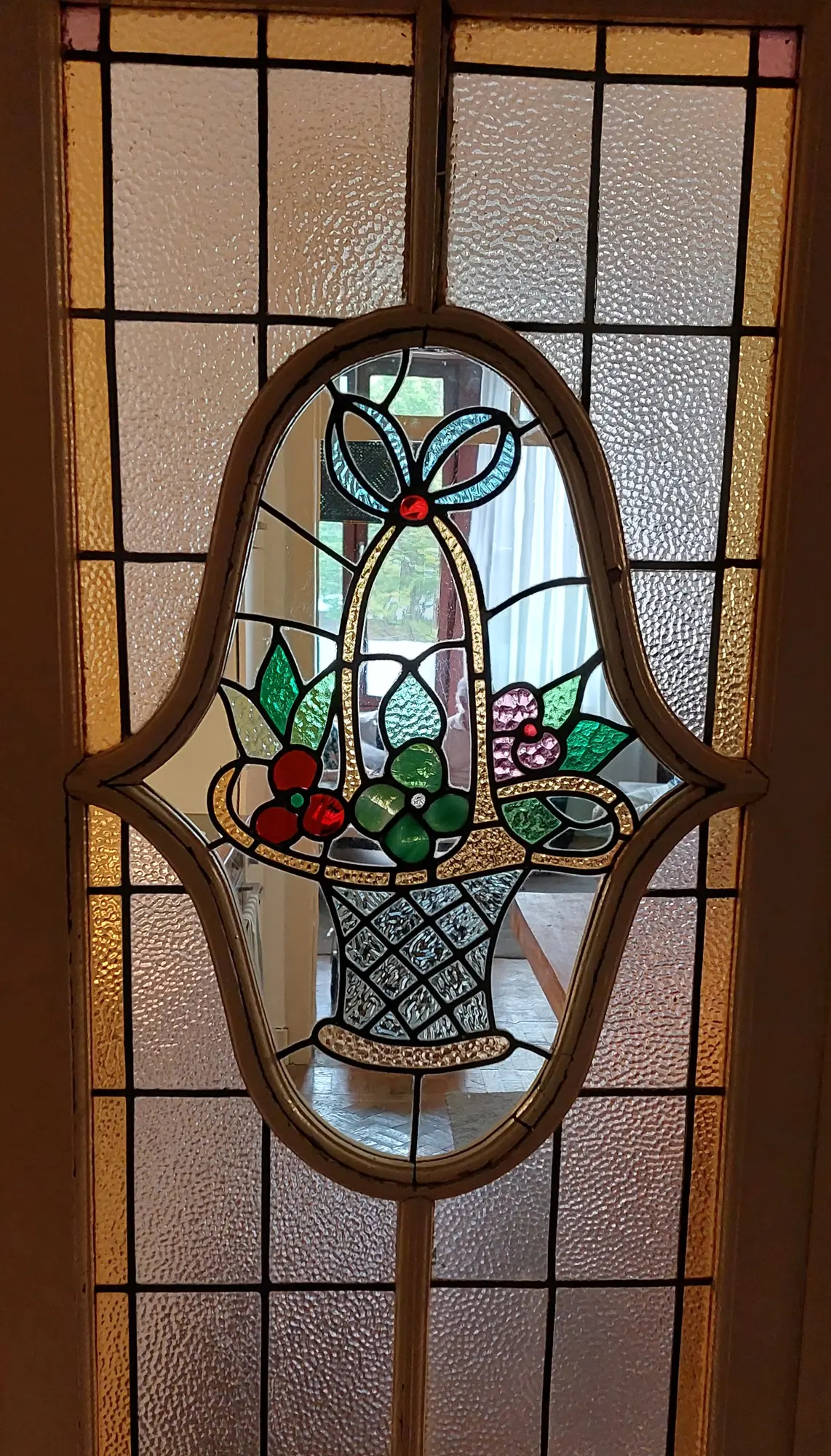 Bloemenmand - Art-Nouveau - glas in lood paneel na herstel - Antwerpen