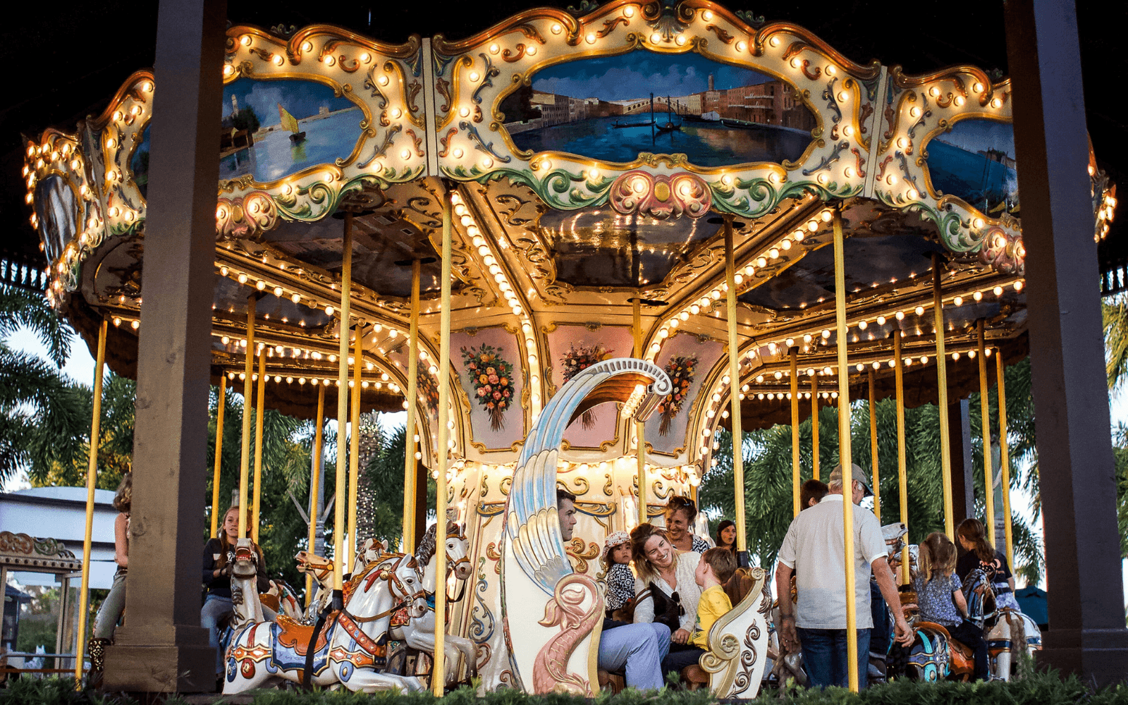 A brightly illuminated carousel ride