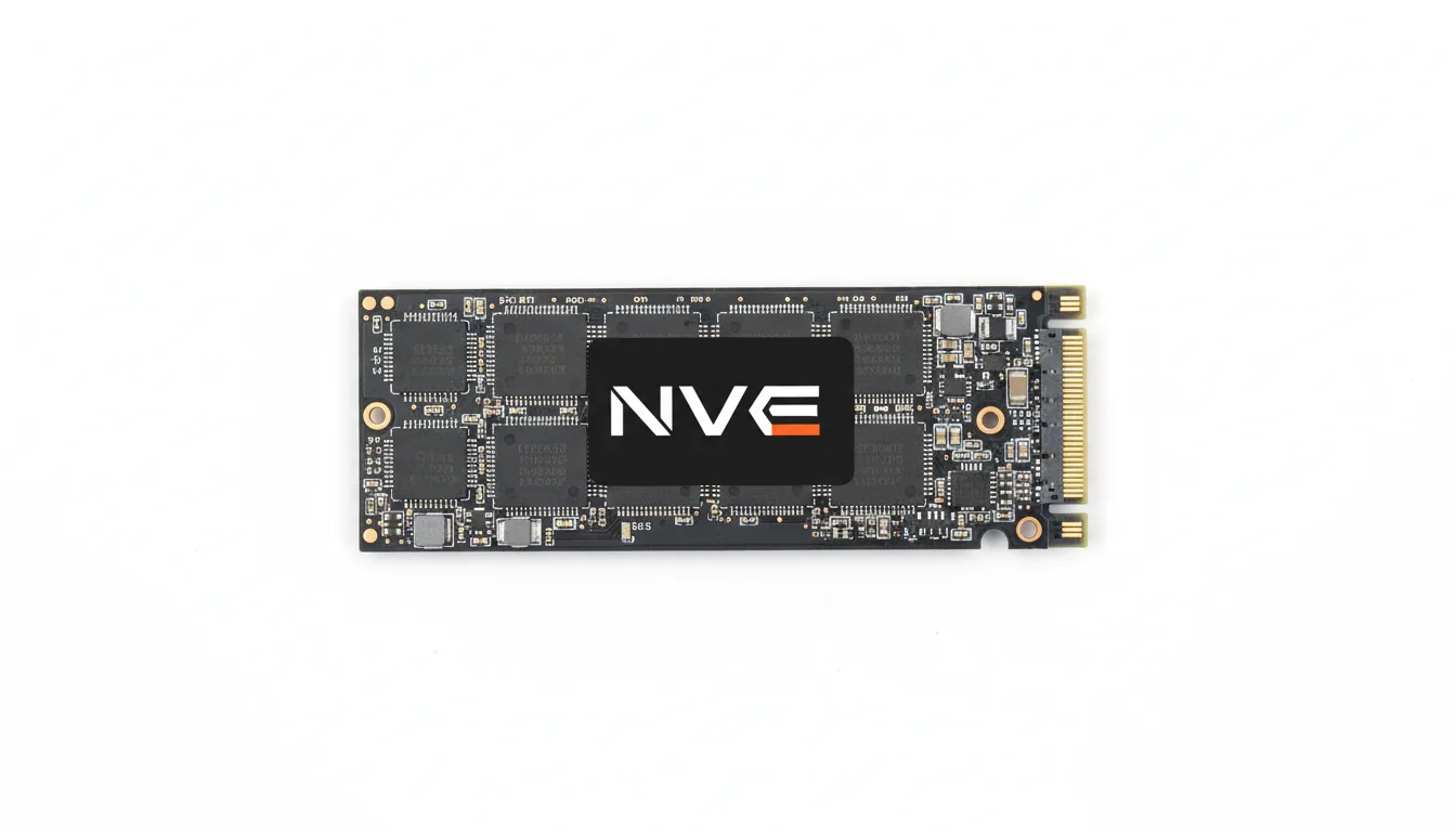 Commercial product photography of a black NVMe M.2 SSD, shot straight-on with a DSLR against a pure white background. The lighting is bright, even, and shadowless, characteristic of soft studio lighting. The entire circuit board is in tack-sharp focus, revealing hyper-detailed microchips, circuitry, and the gold-plated connectors on the right. A prominent black sticker in the center features crisp, abstract white and orange text.
