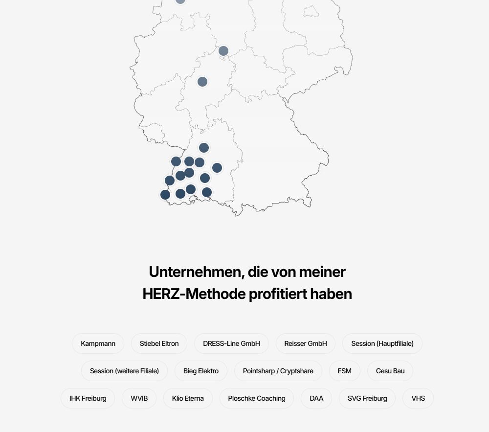 Screenshot: Deutschlandkarte mit Kundenstandorten und der Überschrift „Unternehmen, die von meiner HERZ-Methode profitiert haben“, darunter eine Liste der Unternehmen