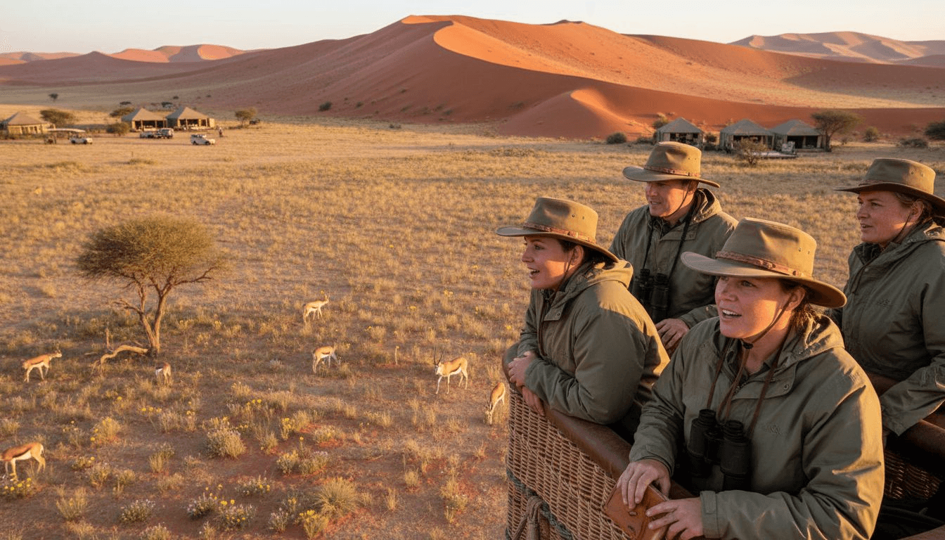 Balloon safari above Namibian dunes with wildlife