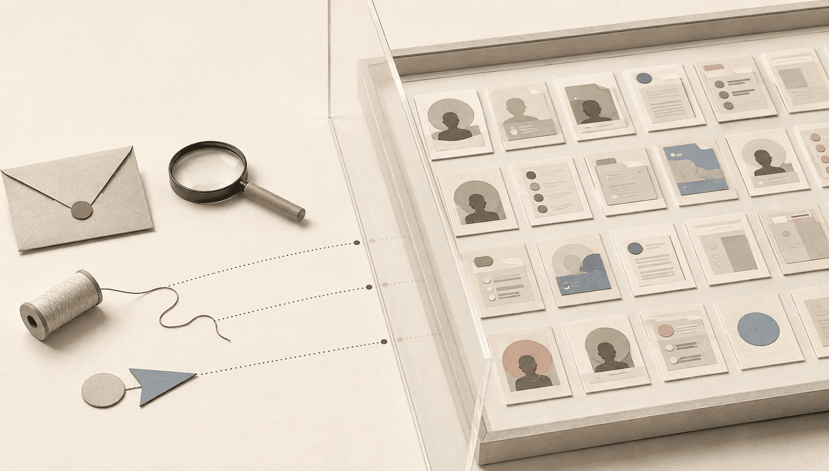 A magnifying glass, envelope, thread, and connection markers sit outside a transparent barrier separating them from rows of profile and job-listing cards, illustrating how digital platforms create visibility without genuine access or reciprocity.