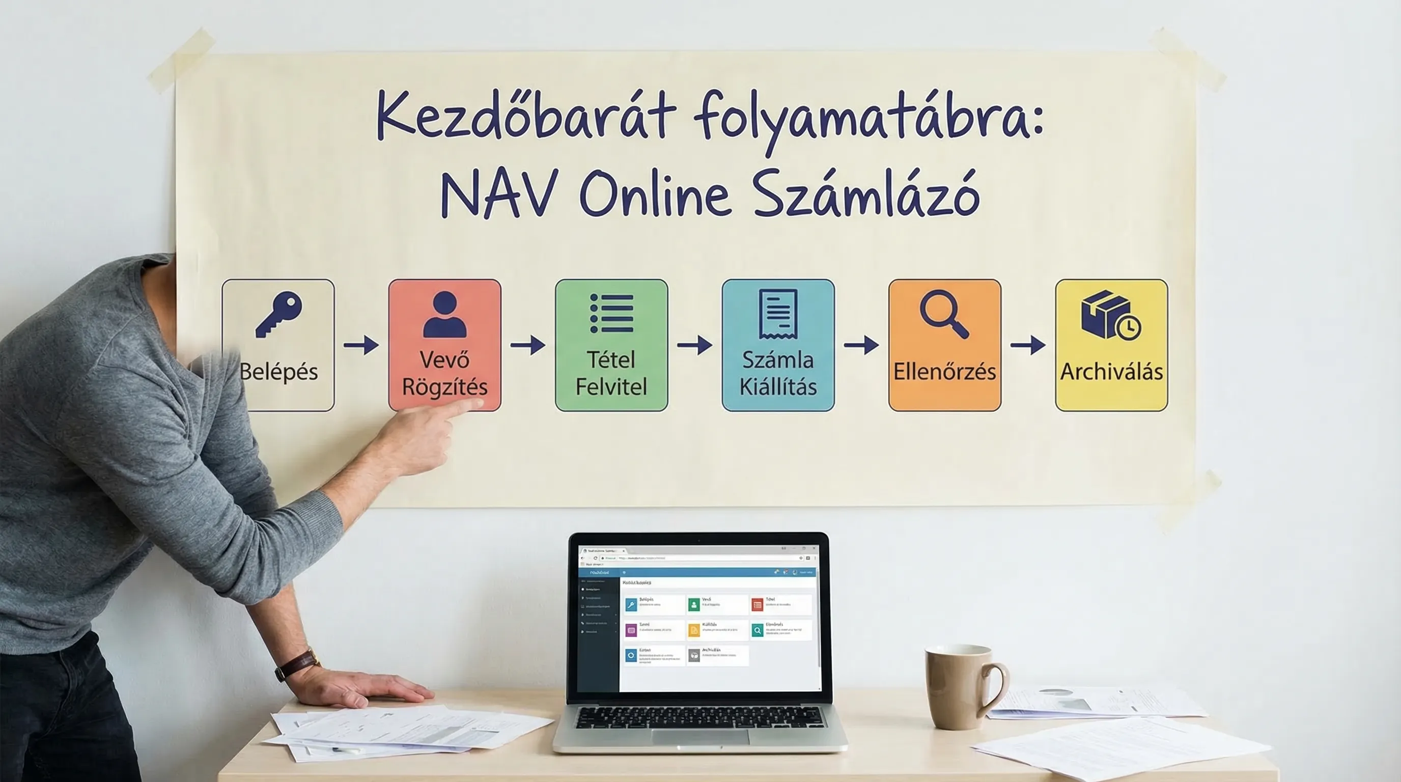 Kezdőbarát folyamatábra a NAV Online Számlázó használatához: belépés, vevő rögzítés, tétel felvitel, számla kiállítás, ellenőrzés, archiválás.