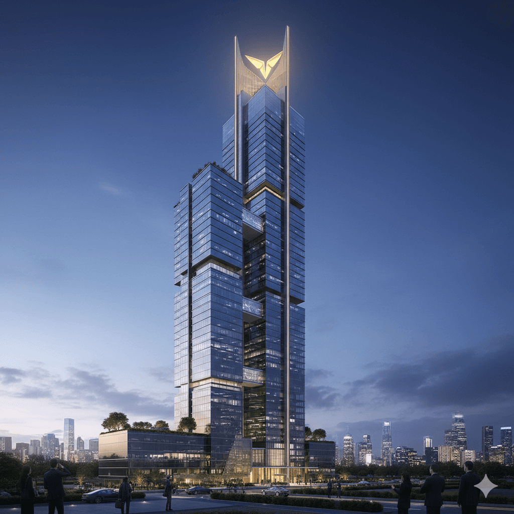 Futuristic Grade-A commercial office tower with a modern glass facade at Golf Course Extension