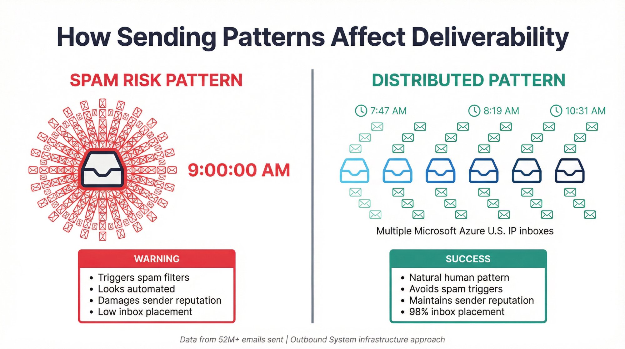Split comparison showing spam-triggering batch sending vs distributed sending patterns for cold email deliverability
