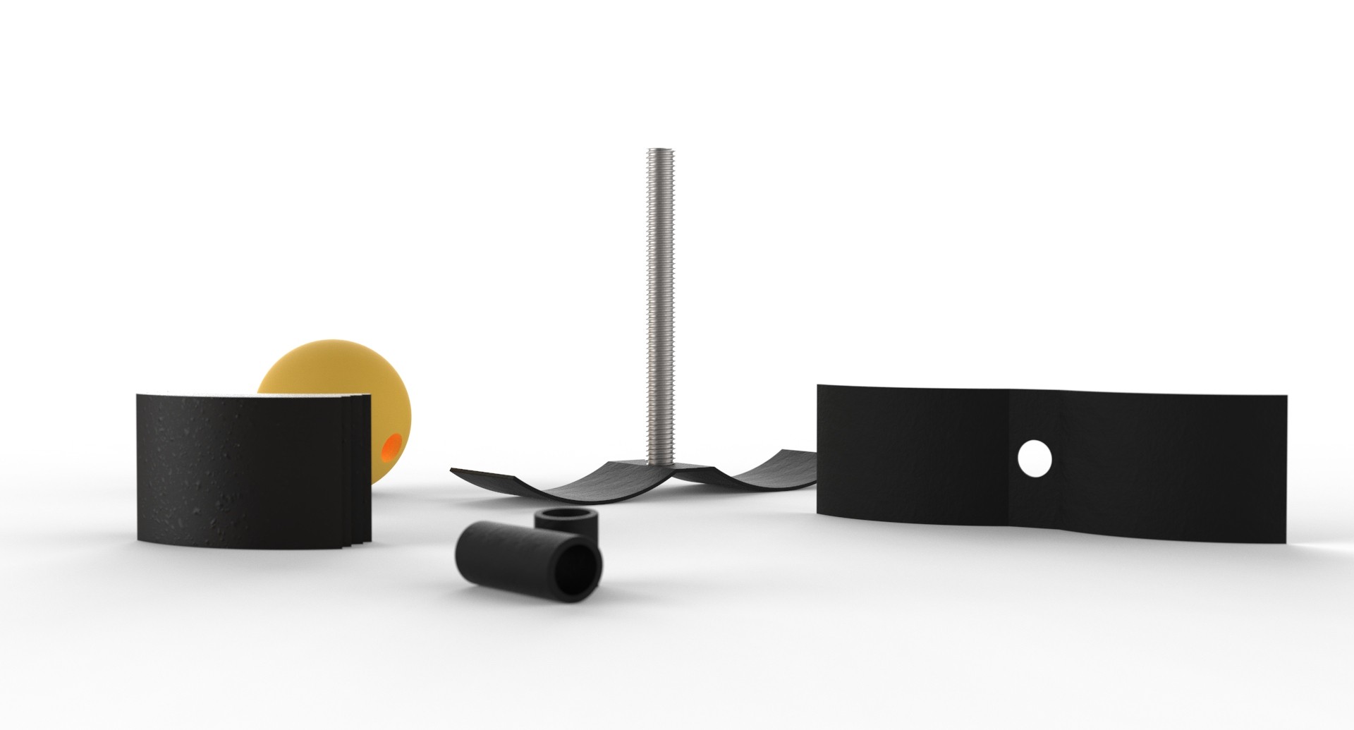 An assortment of 3d-rendered objects including a partial sphere, a bolt, two curved black surfaces, and a cylindrical piece on a plain white background, representing a still life of abstract shapes and industrial elements.