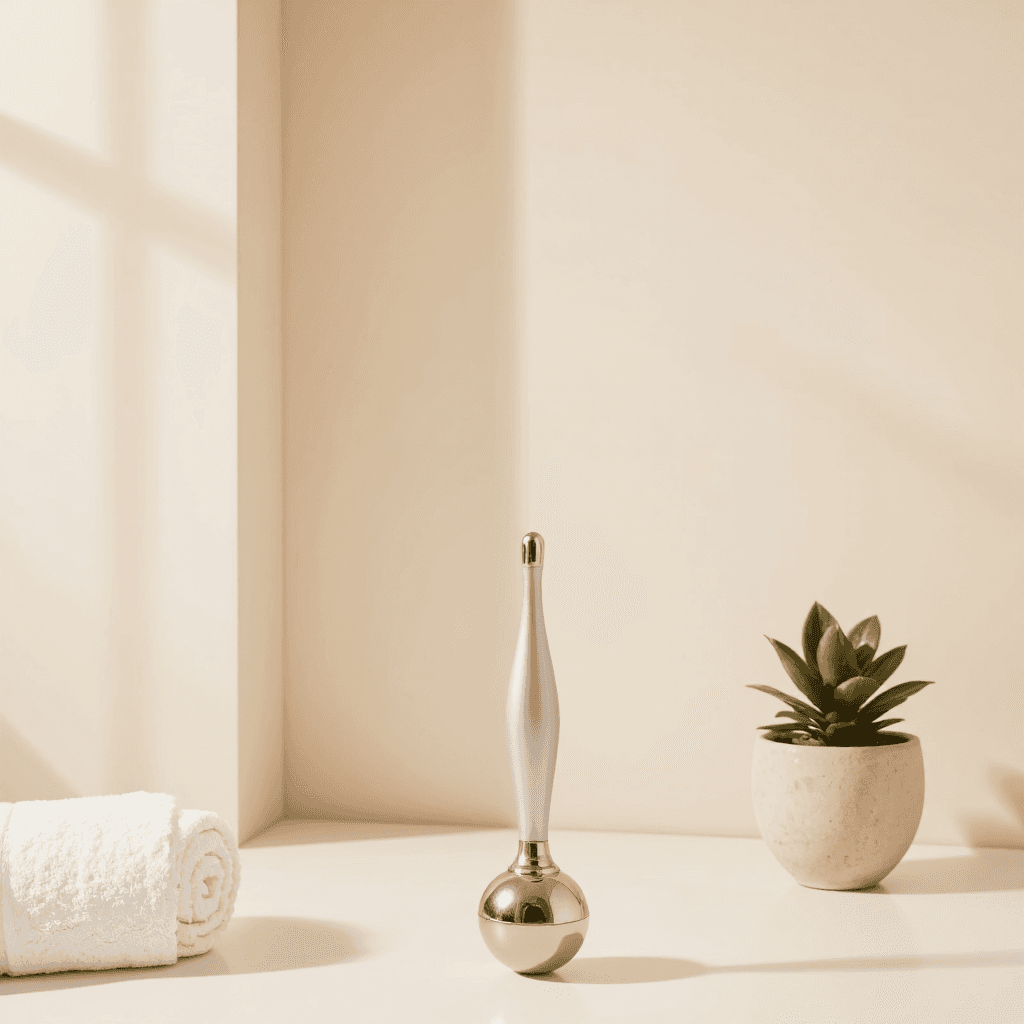 product photography of a facial massage tool with rounded ends for skin care