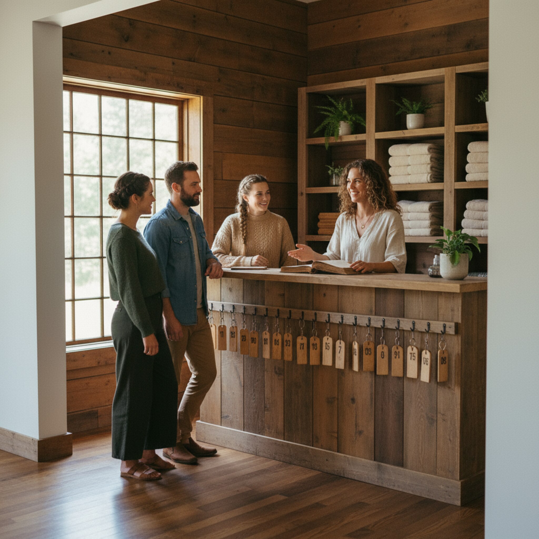 An einer rustikalen Holztheke hängen geordnete Schlüsselanhänger mit Zimmernummern, dahinter ein Regal mit sorgfältig gefalteten Handtüchern. Eine Gastgeberin erklärt einer kleinen Gruppe den Ablauf des Wochenendes. Durchs Fenster fällt weiches Nachmittagslicht. Alles wirkt aufgeräumt, freundlich und strukturiert.