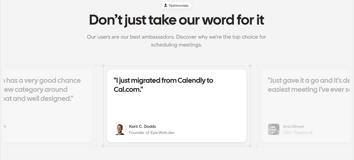 Screenshot of a testimonial from Kevin C. Dodds stating "I just migrated from Calendly to Cal.com" for Cal.com