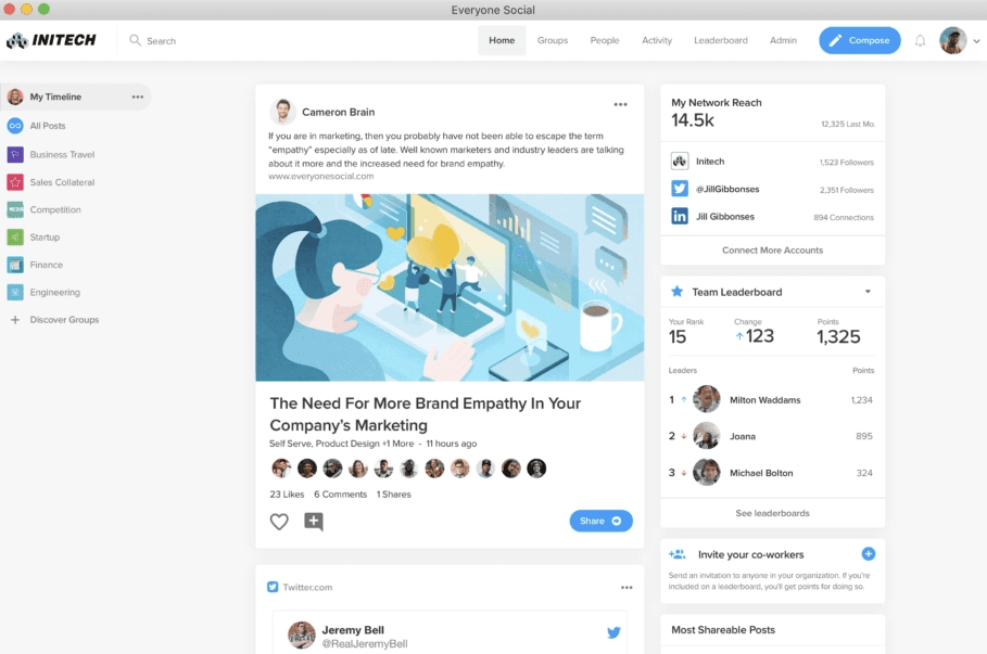 EveryoneSocial's ddashboard, showing a Initech employee's timeline, their post, the team leaderboard, and their network's reach