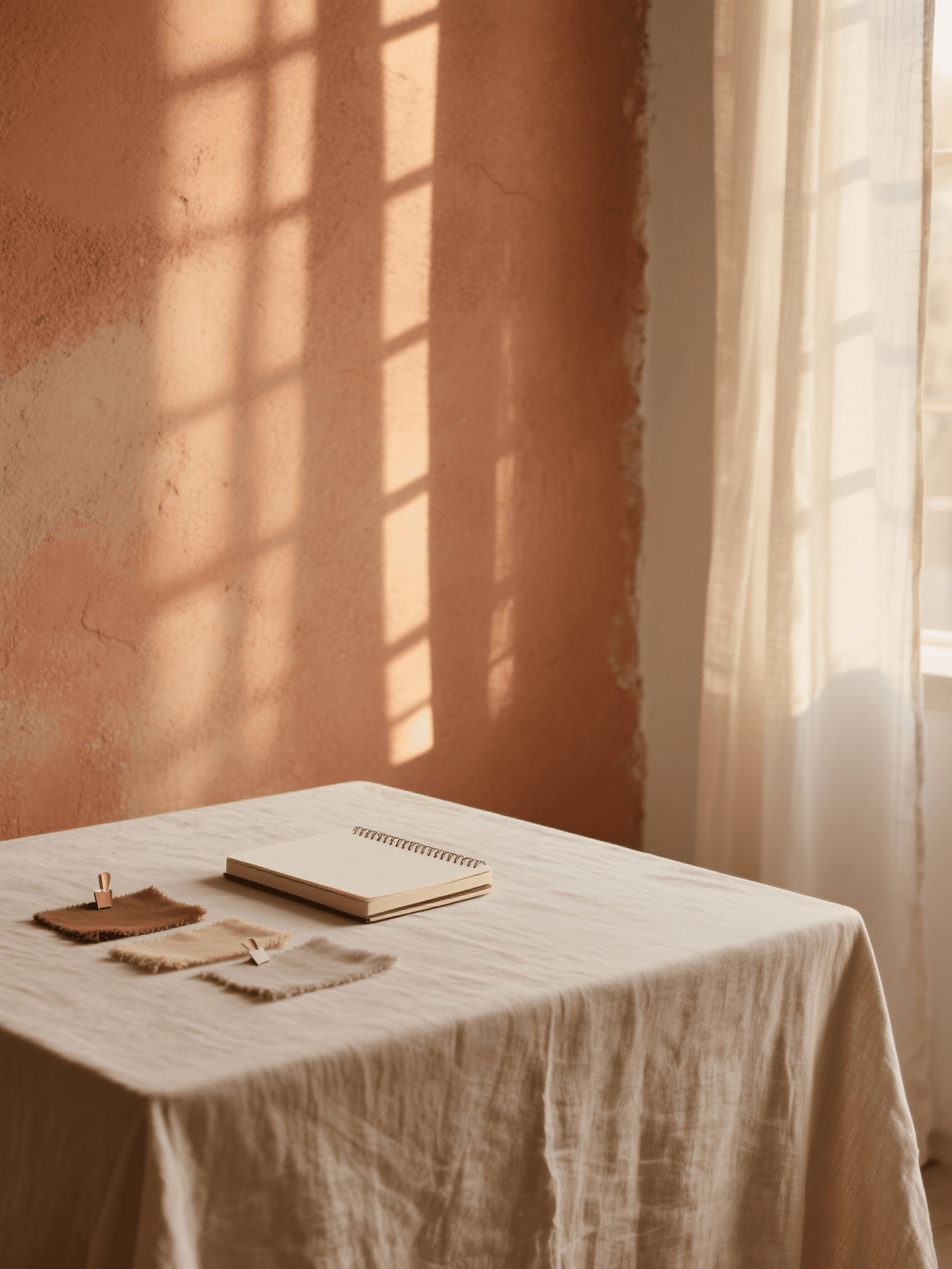 brownish-orange walls with an off white cloth over a table 