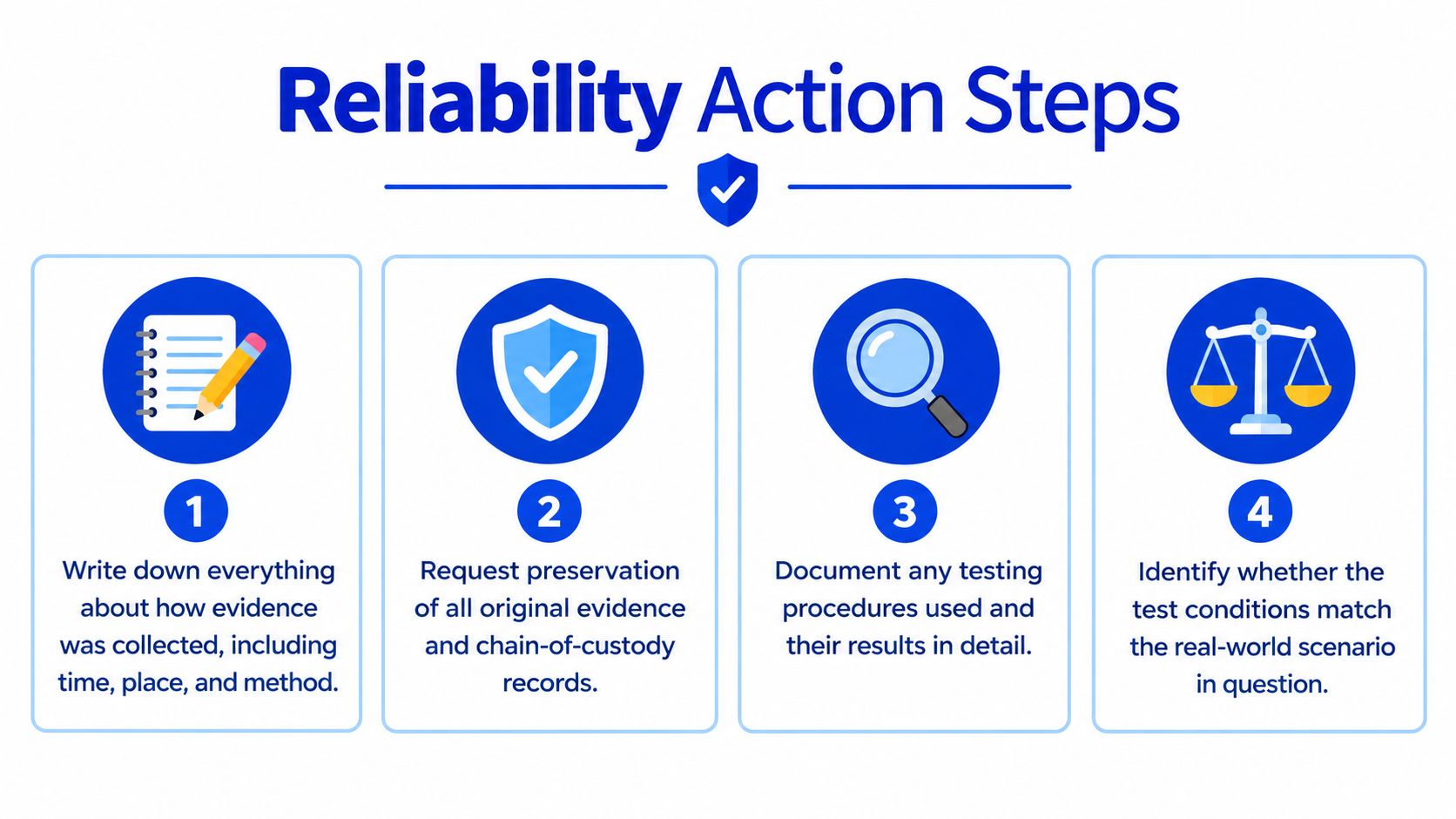 A four-step infographic explaining the reliability action steps for collecting and testing digital forensics evidence.