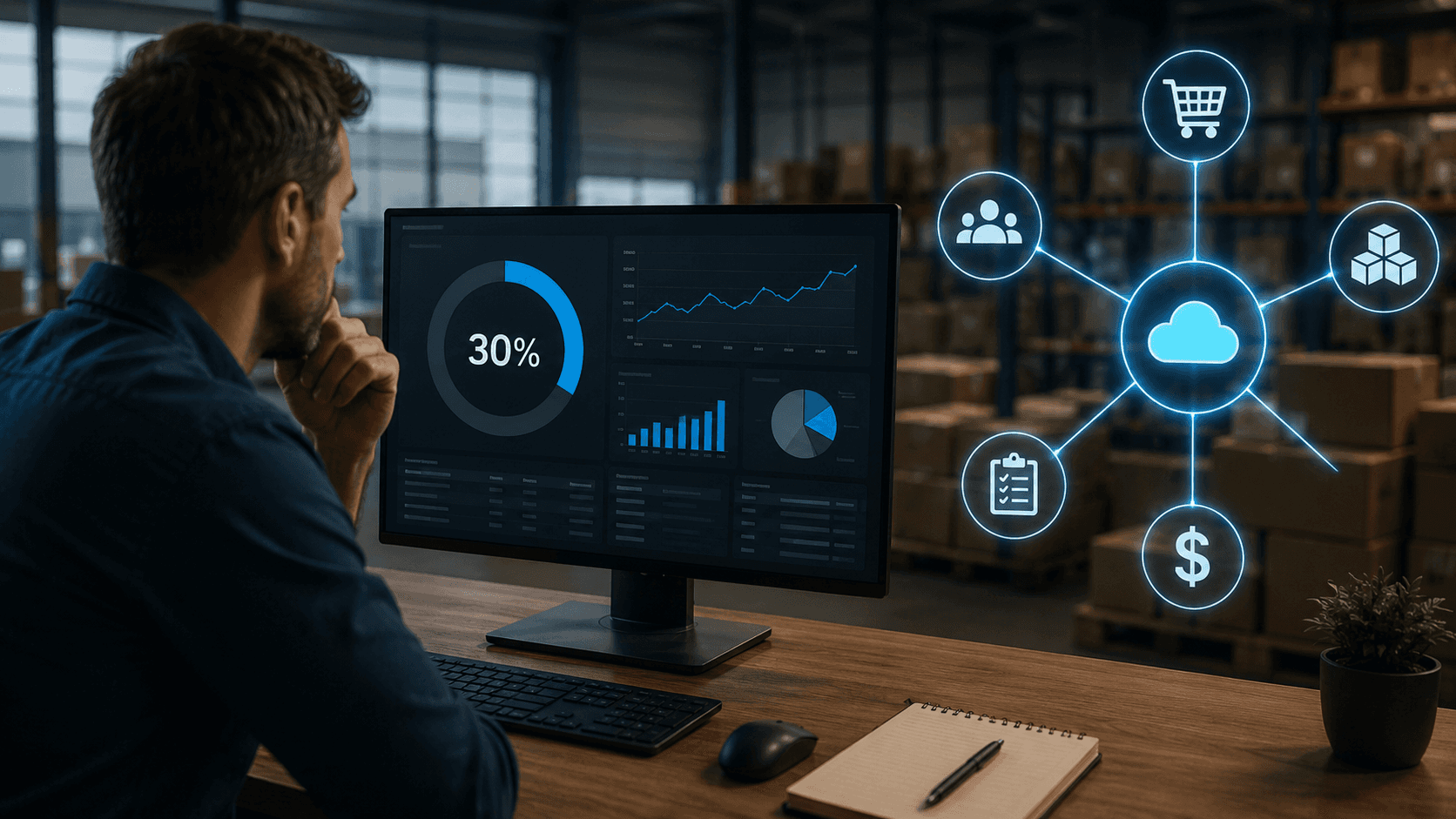 Homem analisando um dashboard em um escritório integrado a um centro de distribuição moderno, com visual 3D realista e iluminação cinematográfica. Na tela, gráficos e indicadores mostram baixo aproveitamento operacional, enquanto ao redor aparecem elementos holográficos conectando pedidos, estoque, financeiro e recompra em um único sistema centralizado. Ambiente corporativo tecnológico, organizado e moderno, em formato widescreen 16:9.