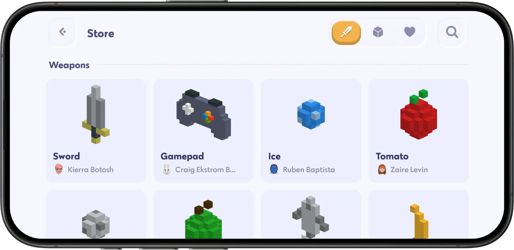 Chudo store screen showing a marketplace of user-generated weapon assets, including a sword, gamepad, ice block, and tomato, with creator names under each item.