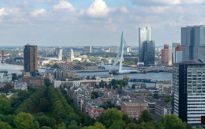 Aerial view of Rotterdam with the Erasmus Bridge and city skyline