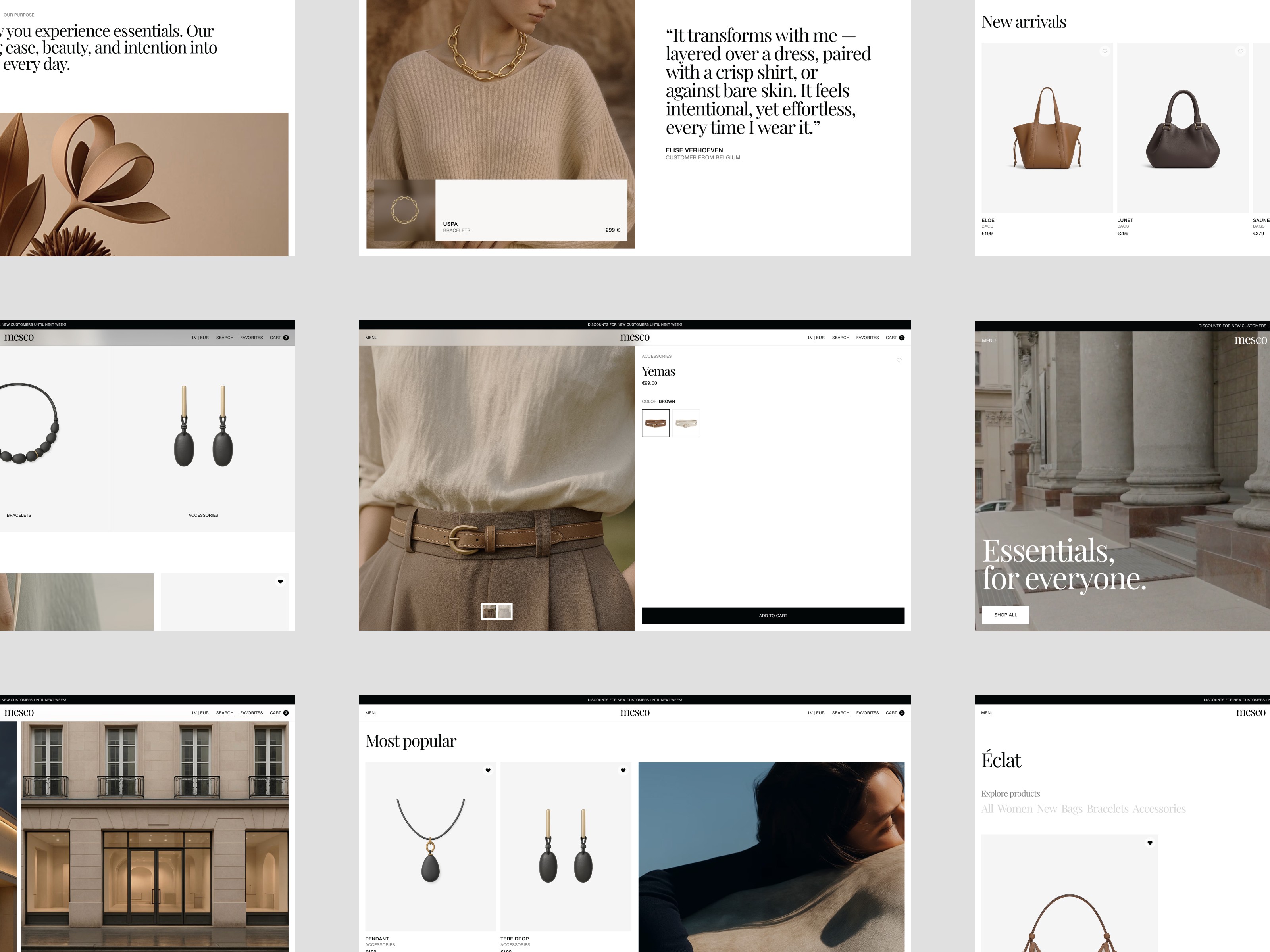 Multi-page collage of the Mesco accessories template showing botanical imagery, a customer testimonial, new arrivals handbag page, earring product listings, a Venus product detail page, a Parisian storefront, a most popular jewelry grid, and an Éclat category page