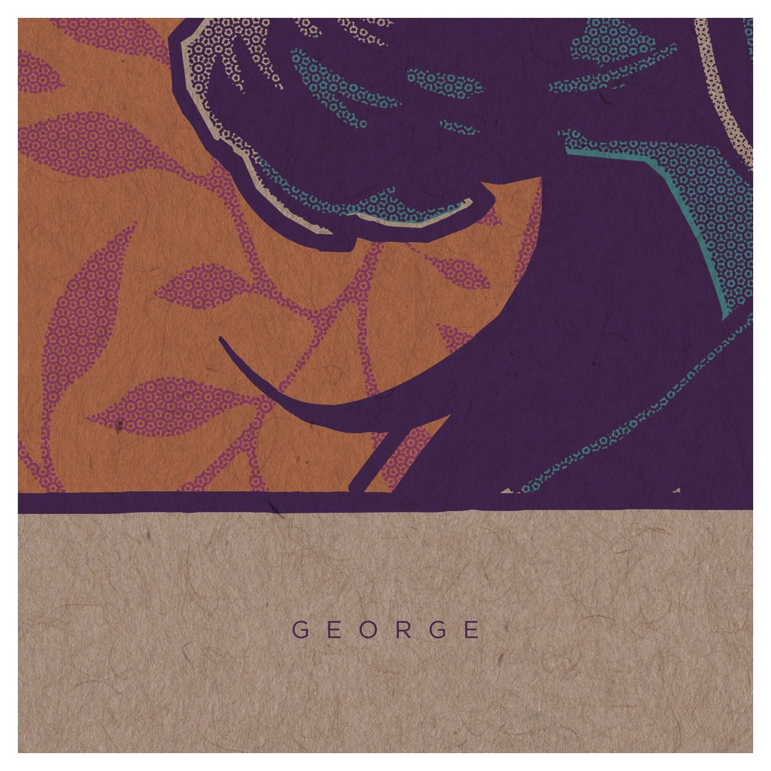 Detail of illustration of George Harrison of The Beatles in 1969 around the time of Abbey Road | Iconic illustrated art prints by Liam Devereux