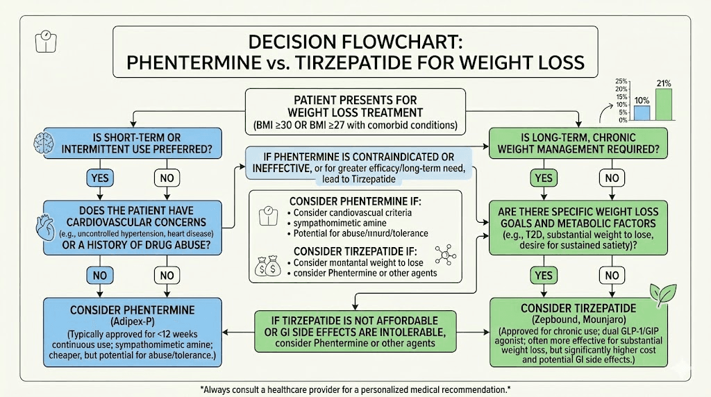 Decision guide flowchart for choosing between phentermine and tirzepatide