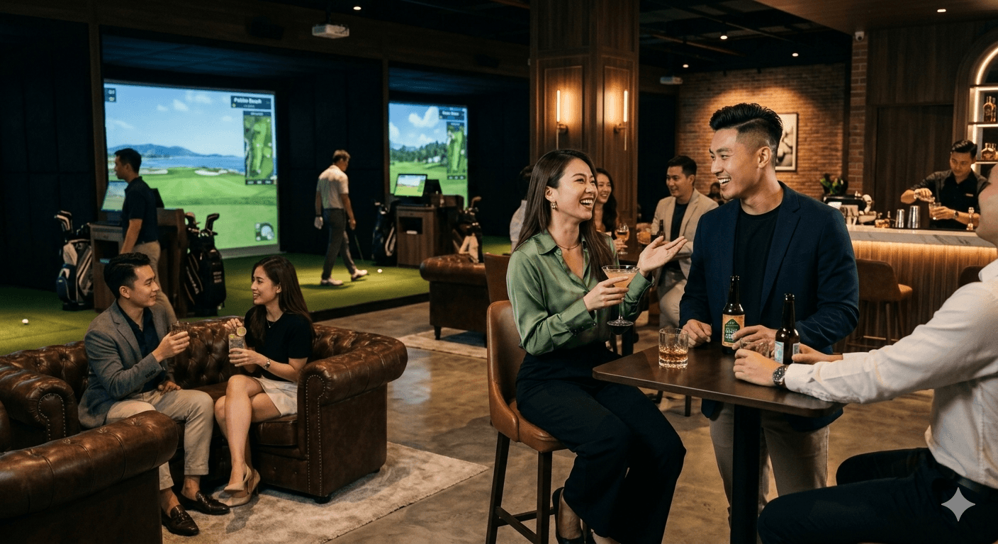 walnut desktop with green pattern wallpaper and hanging pictures and paddles