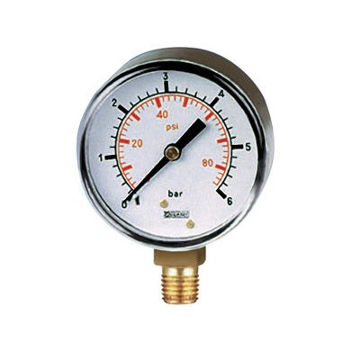 A close-up of a metal pressure gauge on a heat pump sealed heating system showing low bar reading, indicating a system pressure loss issue in a UK property.