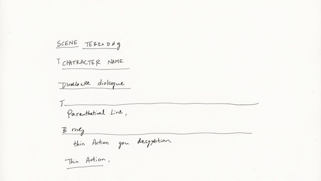 A person's hands typing on a vintage typewriter, with a formatted play script page visible.