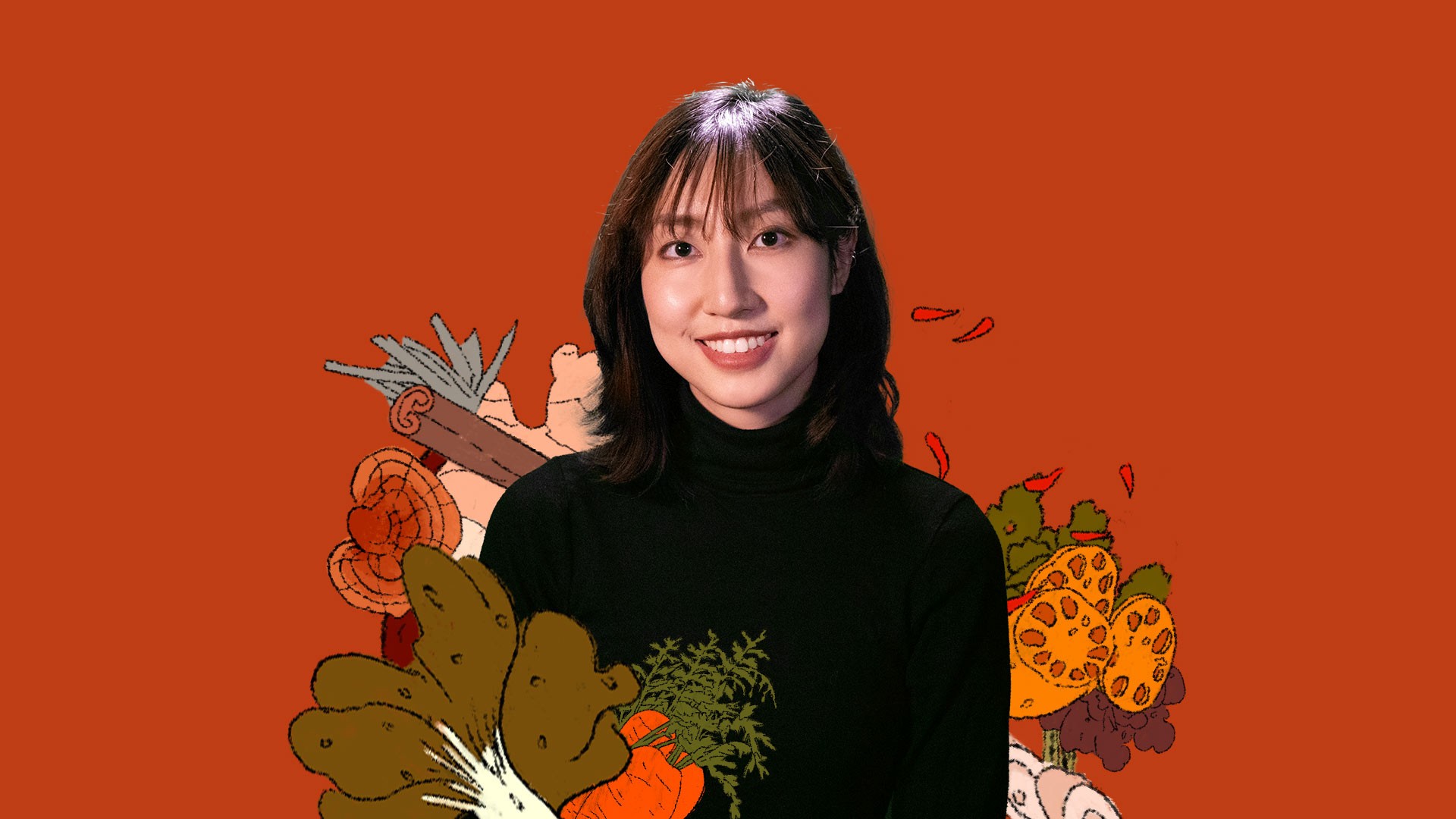 A young woman with dark hair and bangs wears a black turtleneck against a solid orange-brown background. She is smiling and looking directly at the camera. Behind her are colorful, stylized drawings of flowers and leaves in orange, yellow, and green, partially overlapping her figure. The drawings have a hand-drawn appearance.