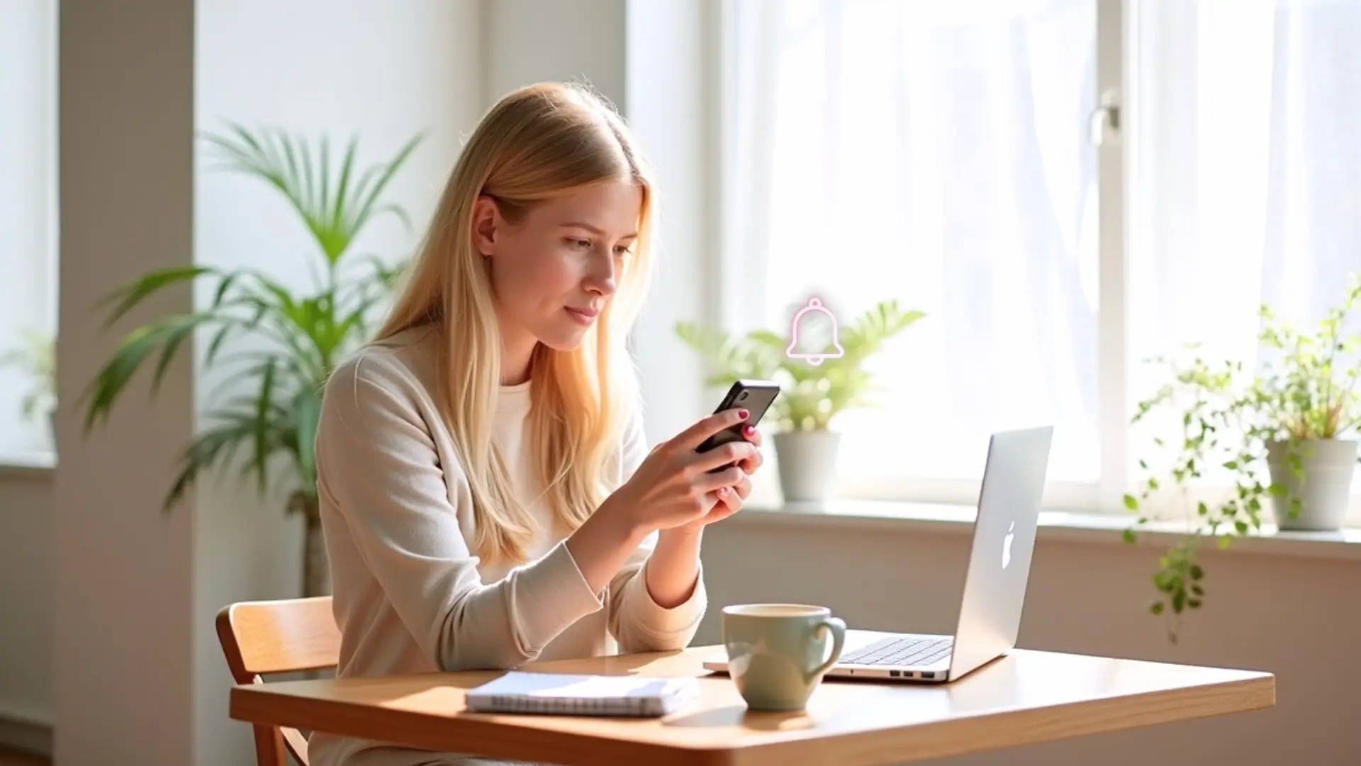 A young woman sitting at a wooden desk in a bright, pastel-toned room, holding a smartphone. A soft pastel bell icon floats beside her, symbolizing a calm price alert. The background shows plants and daylight through large windows, creating a serene, minimal lifestyle scene.