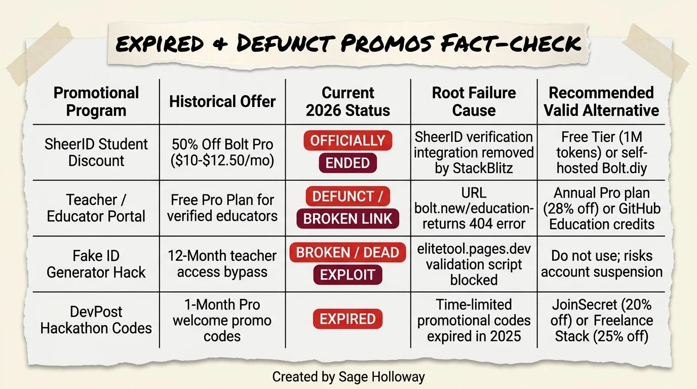 Fact check table evaluating defunct Bolt.new educational discounts expired hackathon codes and broken generator exploits