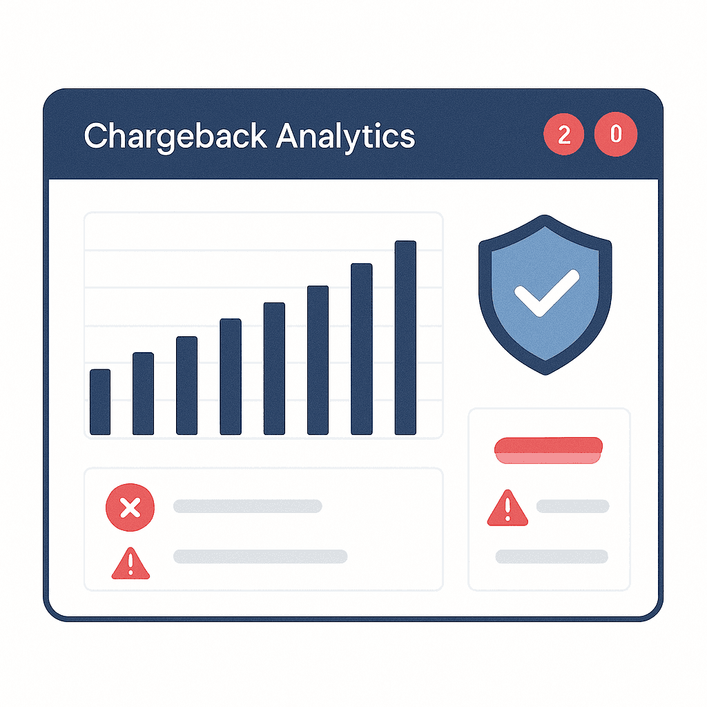 Minimal dashboard mockup with a blue bar chart, shield icon, and red alert badges, labeled “Chargeback Analytics,” in dark blue and red tones on a clean white background.