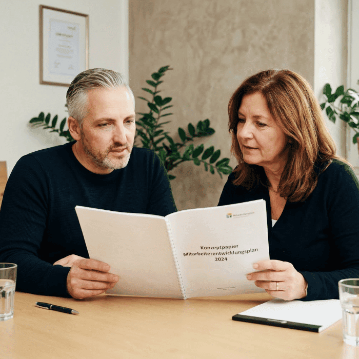 Hannes Weindorf bespricht betrieblichen Hinterbliebenenschutz in ruhiger Atmosphäre mit einer HR-Leiterin am Besprechungstisch