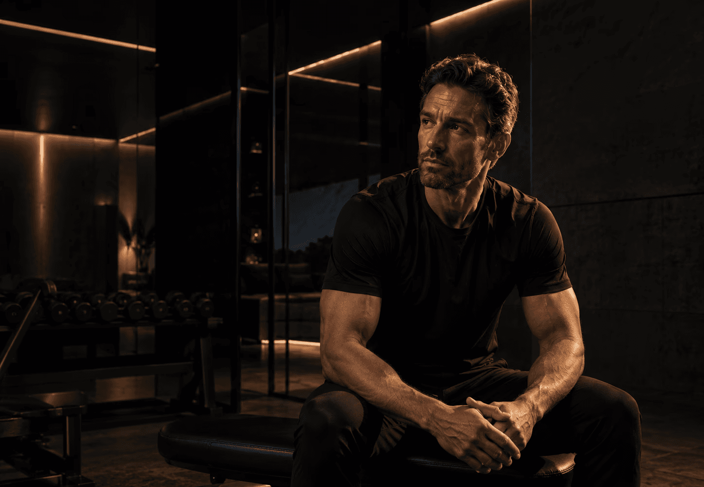 Muscular man sitting in a gym wearing black athletic attire