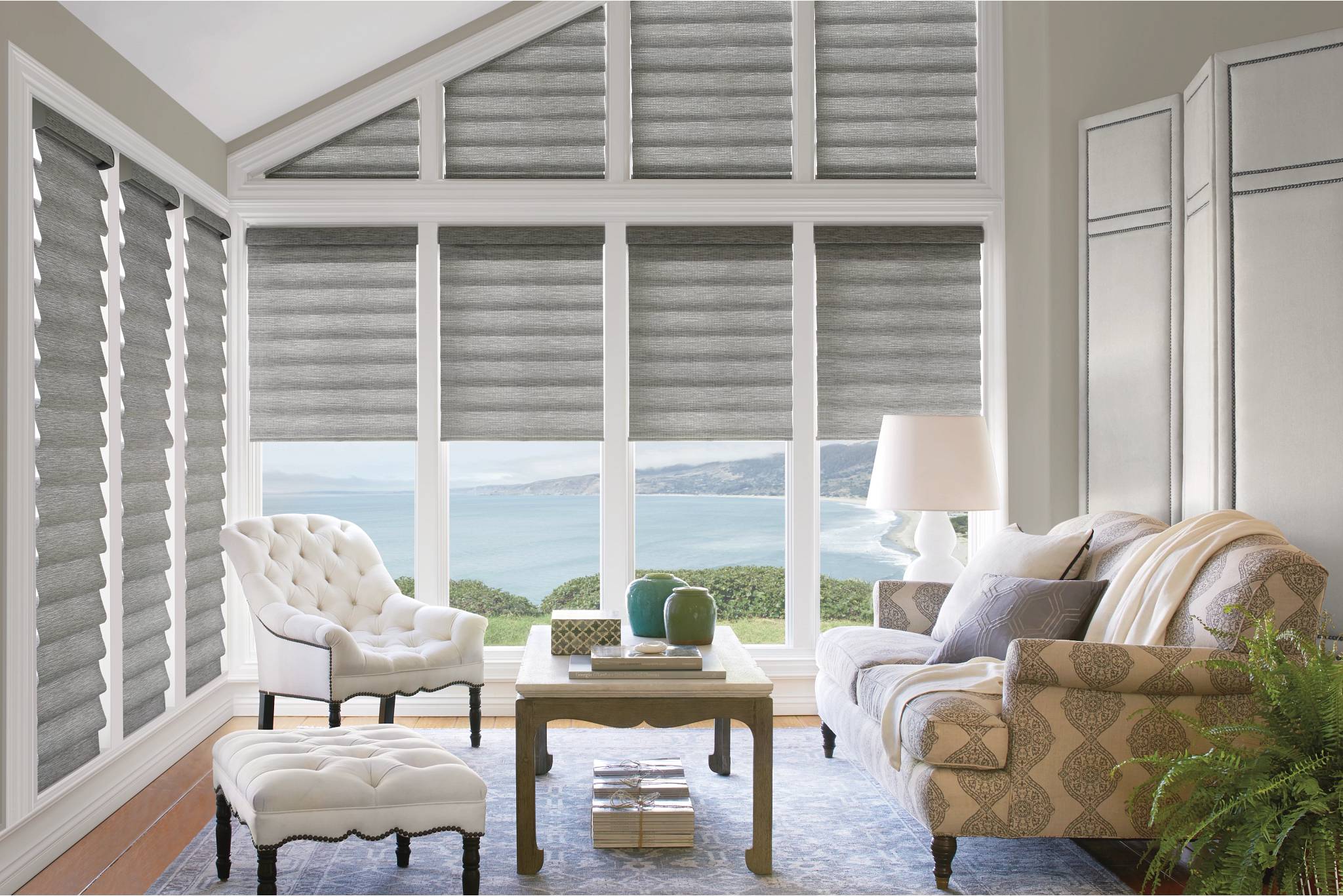 Vignette Modern Roman Shades with stationary shapes