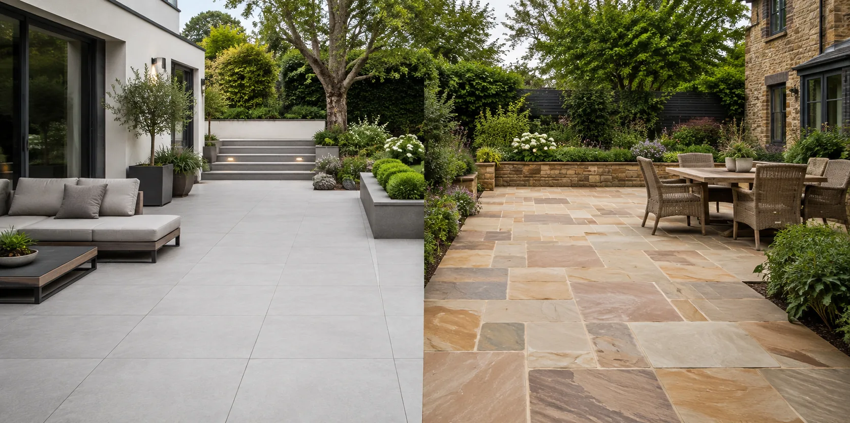 Porcelain paving and Indian sandstone paving in a residential garden