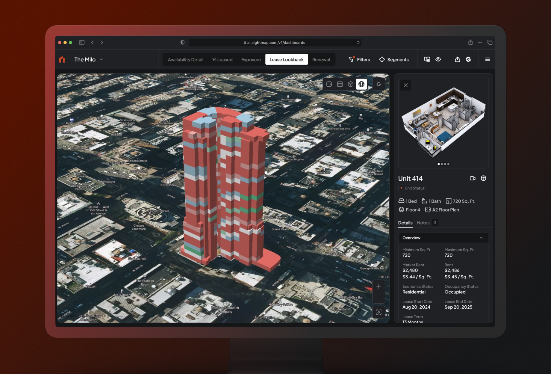 Dark mode and 3D building rendering of the Asset Intelligence product.