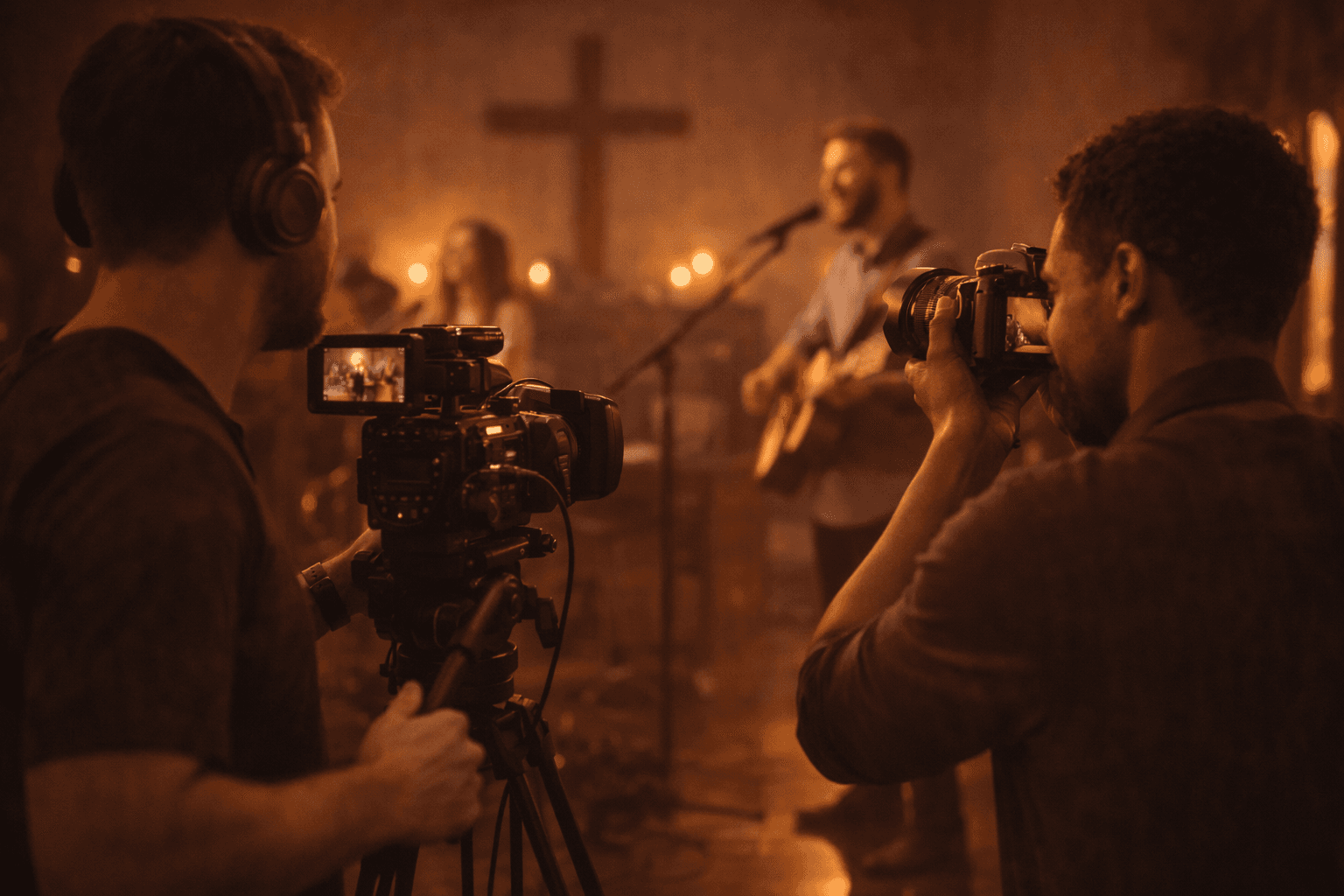 Church media team filming a worship service with camera equipment inside a warmly lit church.