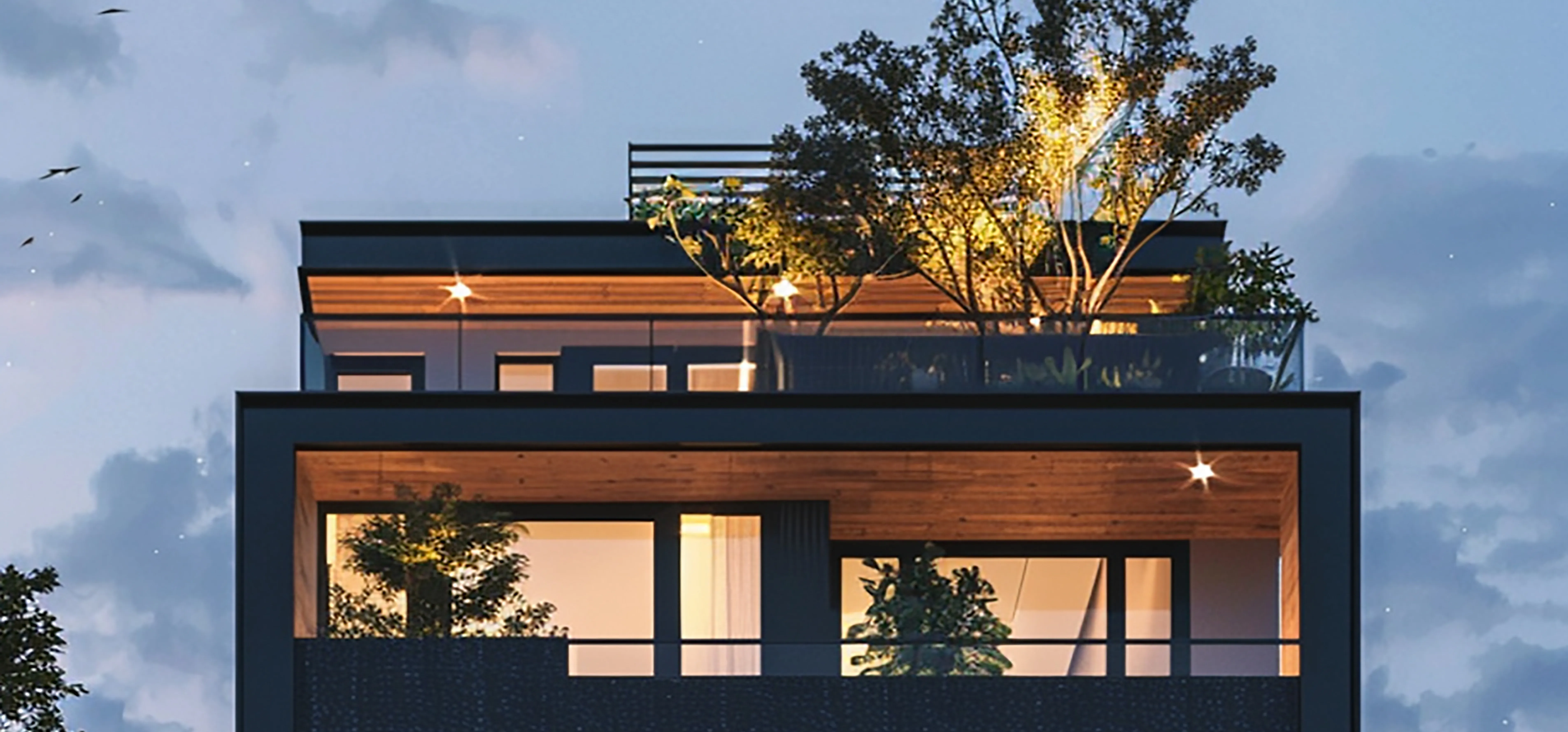 Modern black residential building at dusk featuring a rooftop terrace with lush green trees and interior lighting.