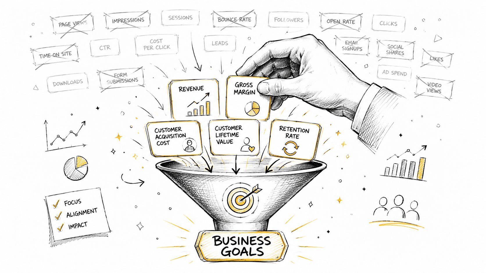 A hand placing metric cards into a marketing funnel leading toward a target labeled Business Goals.