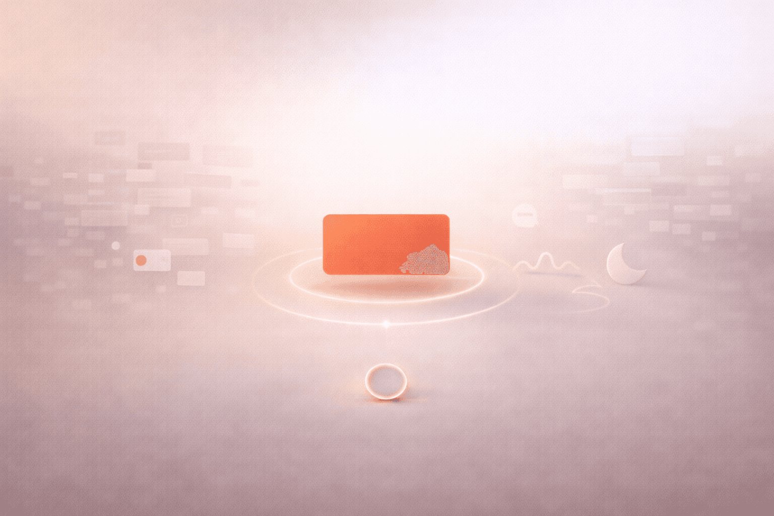 Minimalistische 3D-Illustration auf warmem cremebeigem Hintergrund mit einer zentral schwebenden korallorangenen Aufgabenkarte im schützenden Leuchtring, links verblassenden Benachrichtigungs- und Kalenderfragmenten als Stress-Symbole und rechts dezenten Zeichen für Atmung, Bewegung und Schlaf sowie einem kleinen Timer-Ring am unteren Rand.