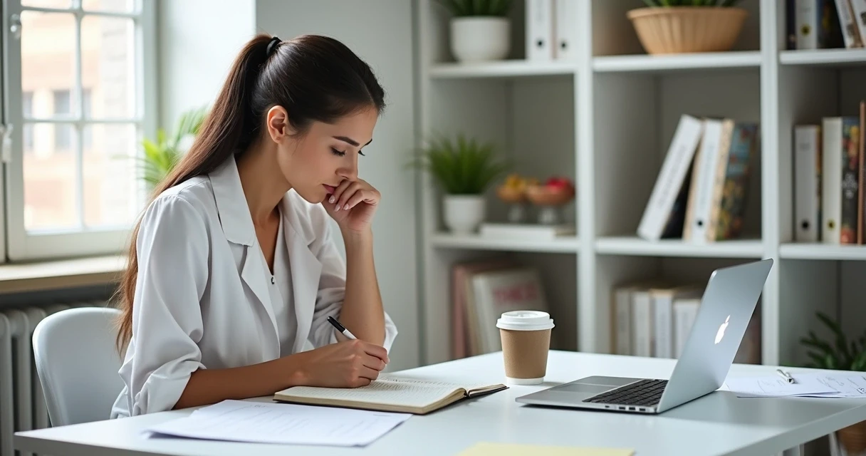 Nutricionista fazendo anotações em caderno sobre sua mesa