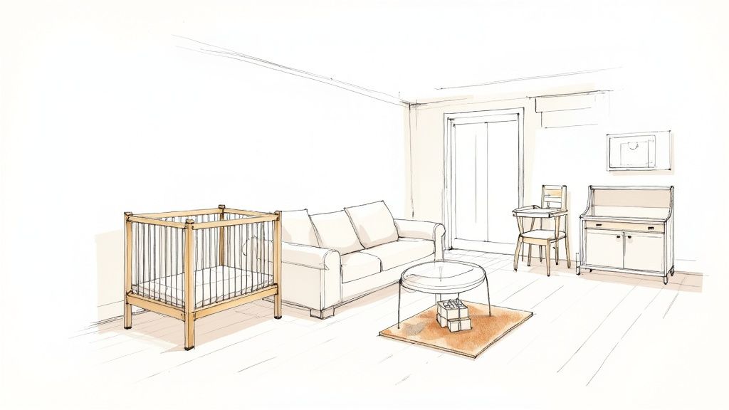 An interior sketch of a room featuring a baby crib, sofa, coffee table, and various home furnishings.