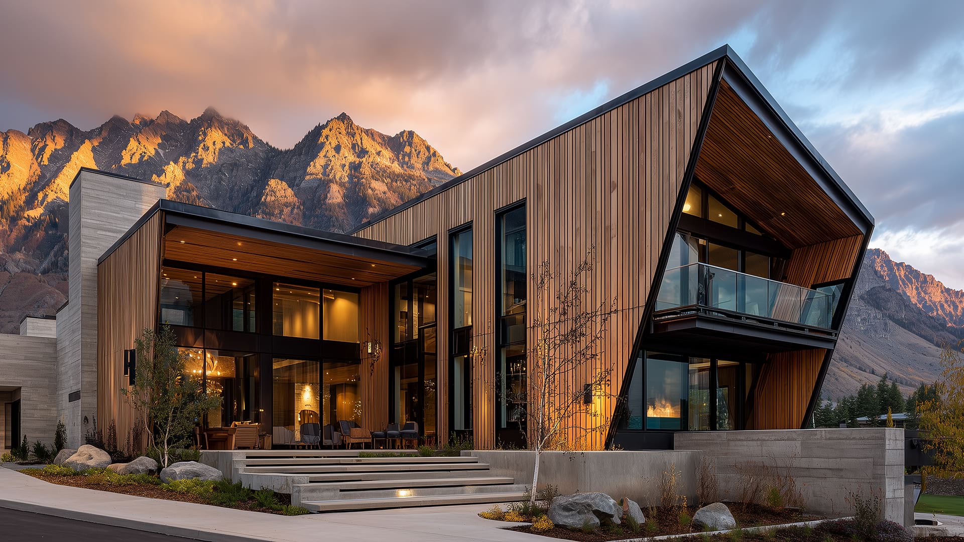 A modern, wooden house with large glass windows set against mountain peaks at sunset. Warm interior lights create a cozy ambiance, blending with the dramatic sky.