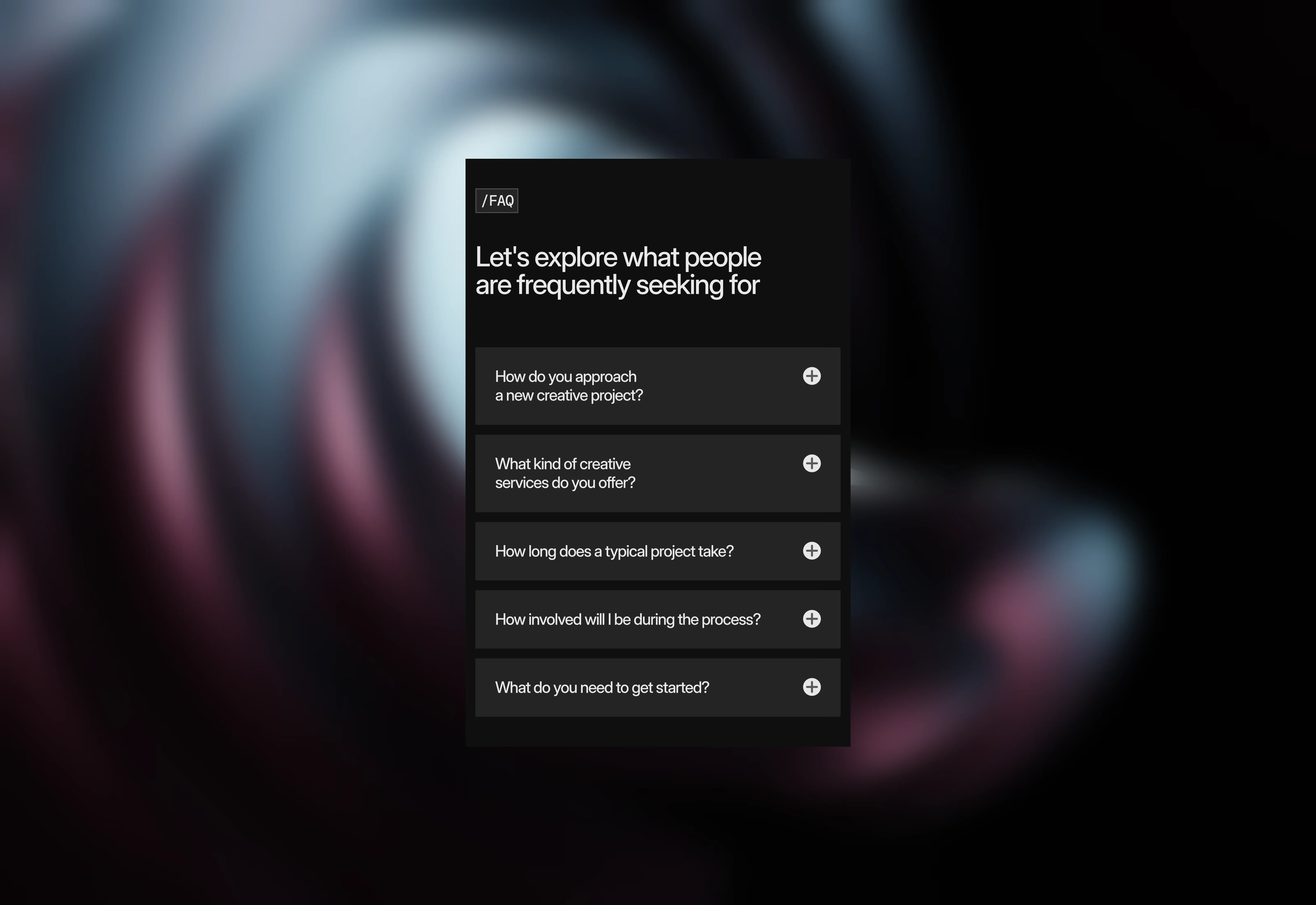 A dark themed interactive FAQ section for Frame, the UI optimized for phone.
